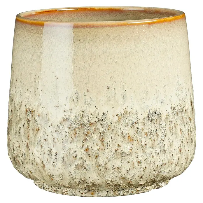 Mica Decorations Übertopf Mylo - Außenmaß (Ø x H): 20,5 x 19 cm, Keramik, Beige - Ein cremefarbener Keramiktopf mit gesprenkelter Textur und braunem Rand, ideal für Zimmerpflanzen und dekorative Zwecke.