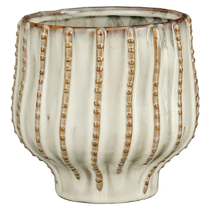 Mica Decorations Übertopf Cathy - Ø x H: 16 x 14,5 cm, Keramik, Weiß - Dekorativer Übertopf aus Keramik mit vertikalen Rippen und braunen Akzenten für Zimmerpflanzen.