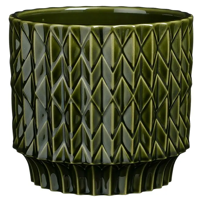 Mica Decorations Übertopf Lauria - Außenmaß (Ø x H): 17,5 x 16 cm, Keramik, Grün - Grüner Zylinderförmiger Keramikblumentopf mit geometrischem Rautenmuster und abgesetztem Fuß. Ein edles Deko-Element für Zimmerpflanzen.