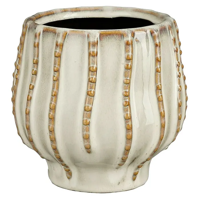 Mica Decorations Übertopf Cathy - Ø x H: 12,5 x 11,5 cm, Keramik, Weiß - Elegante, cremefarbene Blumenvase mit dekorativen, vertikalen Akzenten in sanftem Braun für stilvolle Pflanzenarrangements.