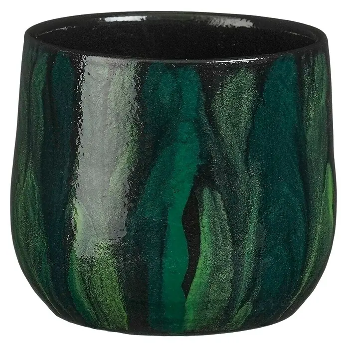 Mica Decorations Übertopf Nigel - Außenmaß (Ø x H): 15 x 13 cm, Steinzeug, Grün - Nahaufnahme einer grünen Vase mit dunklen Streifen, die ein elegantes und modernes Design aufweist. Die Vase ist aus Keramik gefertigt und glänzend.