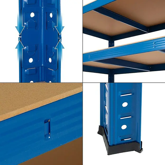 ECD Germany Schwerlastregal Regalsystem bis 875kg Werkstattregal Metall / MDF Blau - H x B x T: 200 x 100 x 50 cm, Traglast pro Boden: 175 kg, Anzahl Böden: 5 Stk., Stecken, Beige, Schwarz - Detailaufnahme eines blauen Schwerlastregals mit MDF-Böden, das Stabilität und Funktionalität für Lagerlösungen bietet.