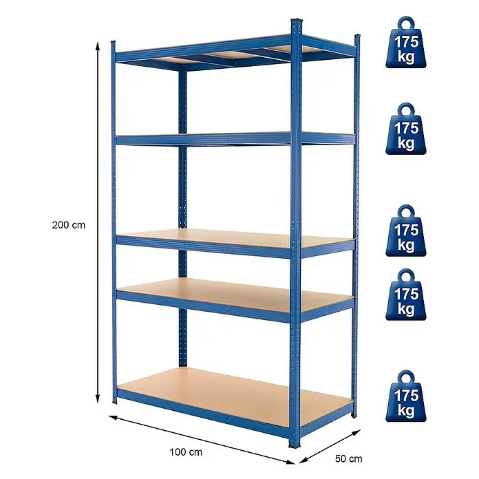 ECD Germany Schwerlastregal Regalsystem bis 875kg Werkstattregal Metall / MDF Blau - H x B x T: 200 x 100 x 50 cm, Traglast pro Boden: 175 kg, Anzahl Böden: 5 Stk., Stecken, Beige, Schwarz - Bild eines blauen Schwerlastregals mit fünf Regalböden und den Maßen 200 cm Höhe, 100 cm Breite und 50 cm Tiefe.