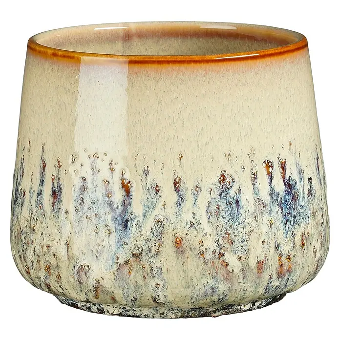 Mica Decorations Übertopf Mylo - Außenmaß (Ø x H): 16 x 13 cm, Keramik, Beige - Nahaufnahme eines keramikgefertigten Pflanzgefäßes mit einem markanten Verlauf von Beige zu Blau und einem bernsteinfarbenen Rand.