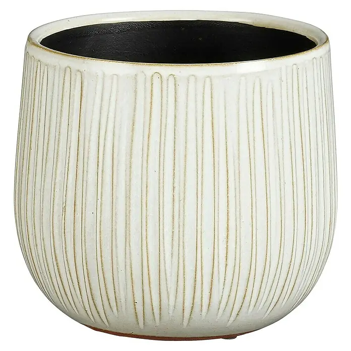 Mica Decorations Übertopf Pablo - Außenmaß (Ø x H): 18 x 16 cm, Steinzeug, Beige - Ein cremefarbener, runder Übertopf mit vertikalen Linien und schwarzem Innenraum, ideal für Zimmerpflanzen.