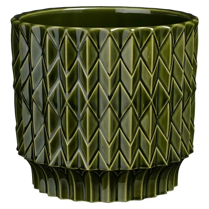 Mica Decorations Übertopf Lauria - Außenmaß (Ø x H): 19 x 18 cm, Keramik, Grün - Grüner, zylindrischer Pflanzentopf mit geometrischem Muster und glänzender Oberfläche, ideal für Zimmerpflanzen.