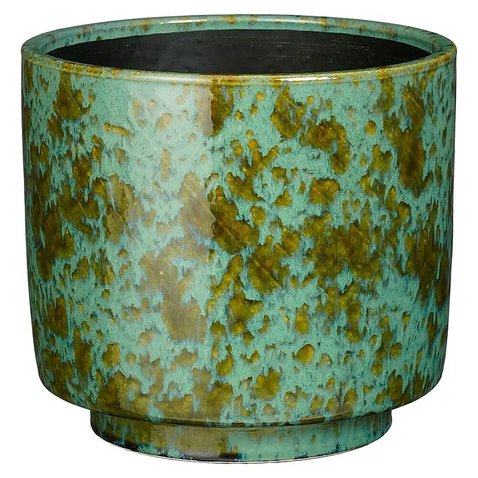 Mica Decorations Übertopf Othello - Außenmaß (Ø x H): 24 x 22 cm, Steinzeug, Türkis - Grün-goldener Pflanztopf mit glänzender Oberfläche. Das Muster ist organisch und lebendig. Ideal für Zimmerpflanzen.