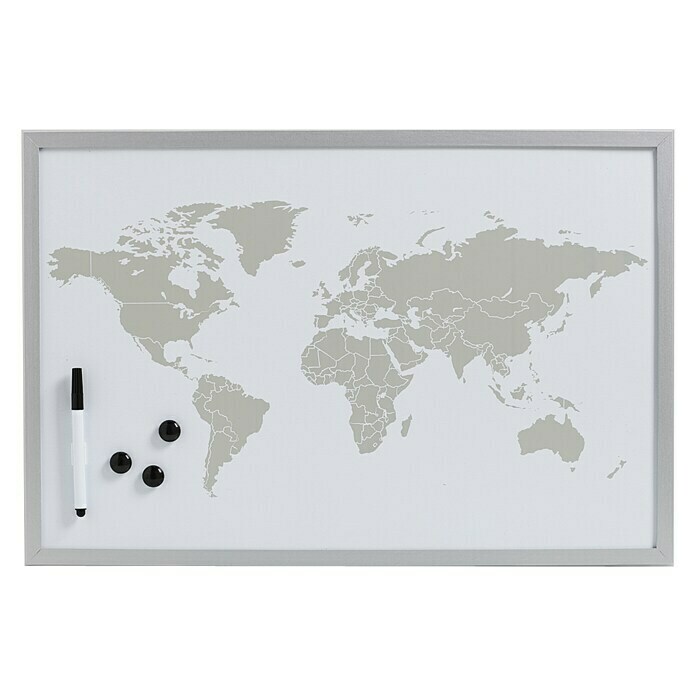 Magnettafel Weltkarte (60 x 40 cm, Magnetisches Feinblech, Inkl. Stift, Stiftehalter, 3 Magnete, Aufhängeösen)