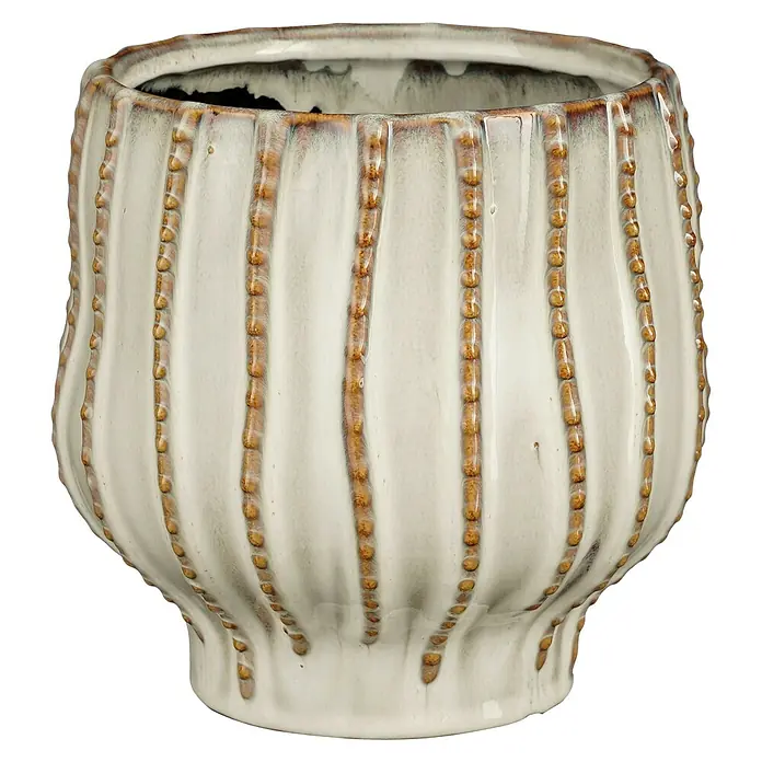 Mica Decorations Übertopf Cathy - Ø x H: 18 x 17 cm, Keramik, Weiß - Nahaufnahme eines beigen Keramikblumentopfs mit vertikalen braunen Akzenten, der eine rustikale Eleganz ausstrahlt.