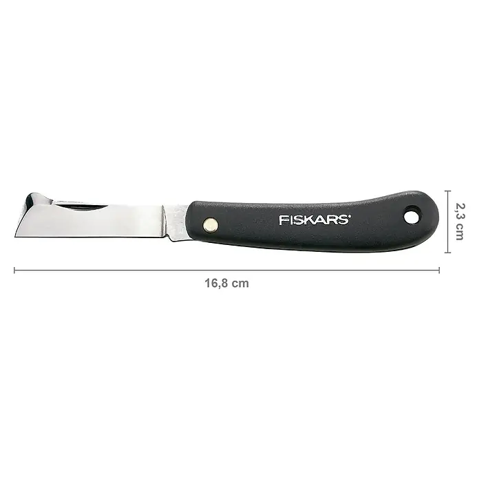 Fiskars Messer K60 - L x B x H: 168 x 23 x 12 mm - Nahaufnahme eines Fiskars Gartenmessers mit schwarzem Griff und silberner Klinge, ideal für präzise Schnitte.
