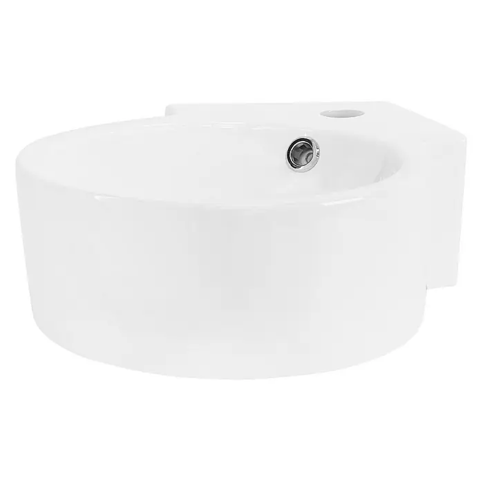 LuxeBath Aufsatzwaschbecken Waschtisch aus Keramik für Badezimmer / Gäste-WC - Ohne Spezialglasur, Weiß - Nahaufnahme eines modernen, weißen Waschbeckens mit Überlaufschutz, ideal für Badezimmer. Hochwertige Keramik sorgt für Langlebigkeit und elegantes Design.