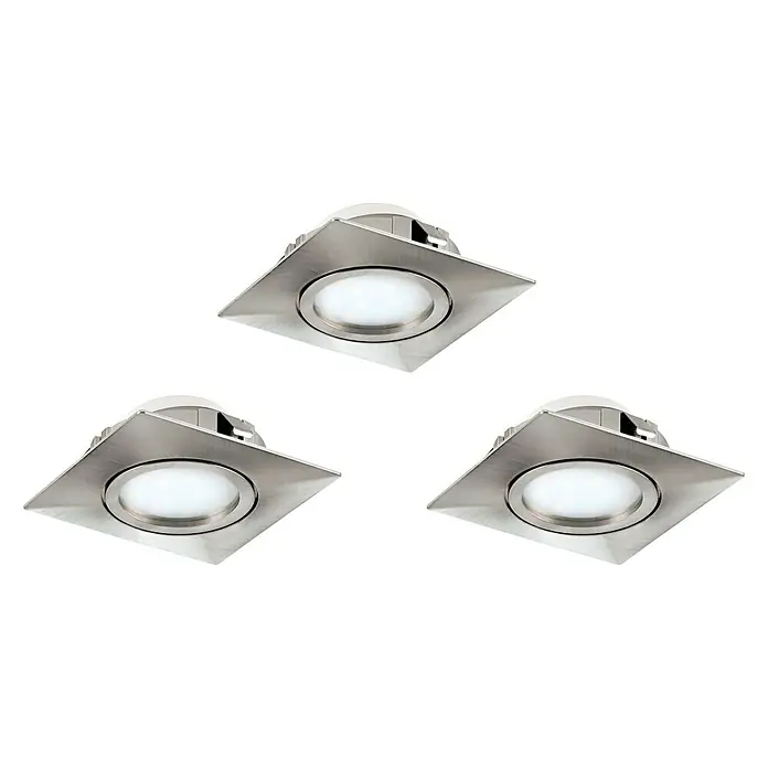 Tween Light LED-Einbauleuchten-Set eckig - 18 W, Nickel matt, 3 Stk., Warmweiß - Drei quadratische, gebürstete Nickel-Einbaustrahler mit runder LED-Leuchte in der Mitte, die ein modernes und helles Licht bieten.