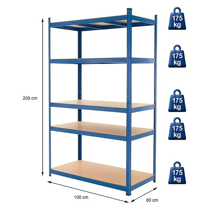 ECD Germany Schwerlastregal Regalsystem bis 875kg Werkstattregal Metall / MDF Blau - H x B x T: 200 x 100 x 60 cm, Traglast pro Boden: 175 kg, Anzahl Böden: 5 Stk., Stecken, Silber - Blaues Metallregal mit fünf Regalböden, Maße 200x100x60 cm, Tragfähigkeit 175 kg pro Boden.