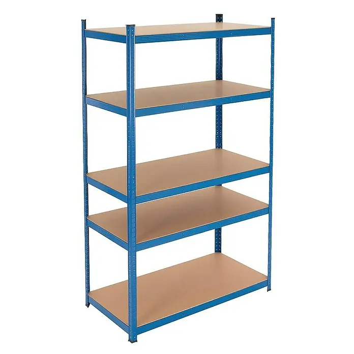 ECD Germany Schwerlastregal Regalsystem bis 875kg Werkstattregal Metall / MDF Blau - H x B x T: 200 x 100 x 60 cm, Traglast pro Boden: 175 kg, Anzahl Böden: 5 Stk., Stecken, Silber - Abbildung eines blauen Regals mit fünf Regalböden.