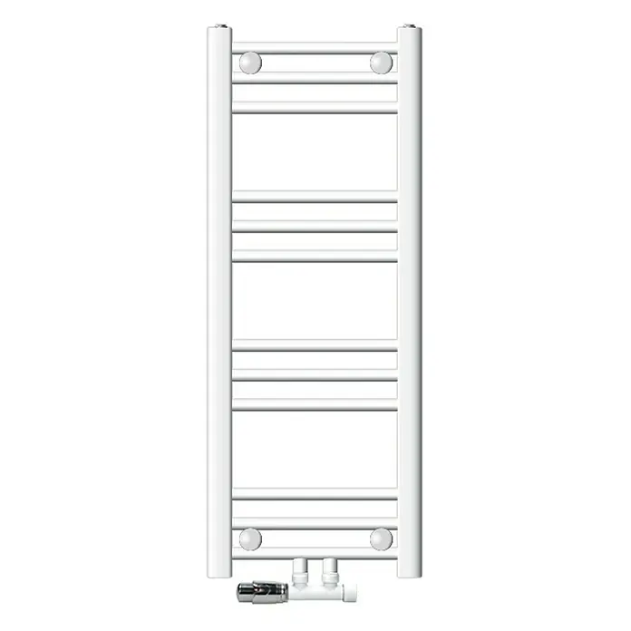 LuxeBath Badheizkörper Handtuchwärmer Mittelanschluss gerade mit Eckform Thermostatventil - B x H: 30 x 80 cm, Weiß - Ein weißer Handtuchwärmer mit horizontalen Stangen und einer Thermostatarmatur am unteren Ende. Ideal für Badezimmer und zum Trocknen von Handtüchern.