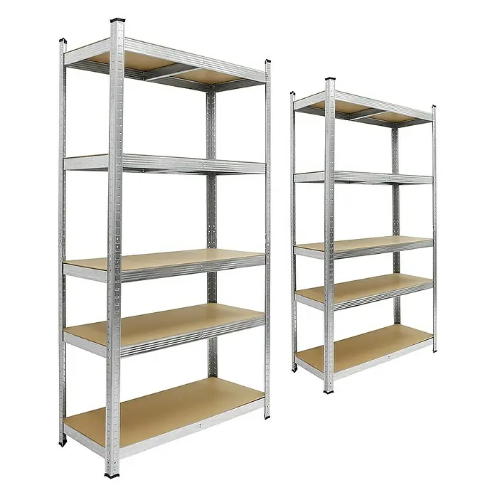 ECD Germany Schwerlastregal Steckregal Silber Holzböden Kellerregal 170x70x30cm - H x B x T: 170 x 70 x 30 cm, Traglast pro Boden: 70 kg, Anzahl Böden: 5 Stk., Stecken, Silber - Zwei Metallregale mit Regalböden aus Holz, ideal für Lagerung. Das größere Regal hat fünf Böden, das kleinere drei.