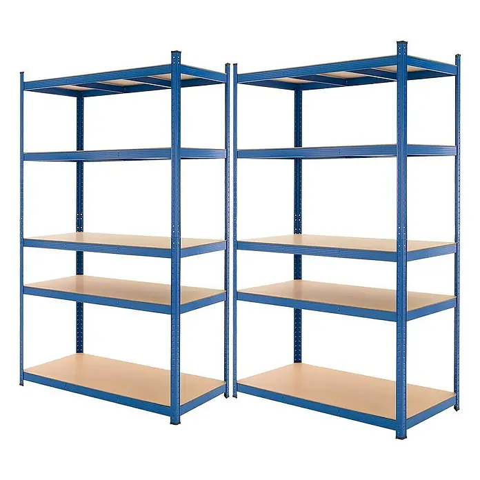 ECD Germany Schwerlastregal Regalsystem bis 875kg Werkstattregal Metall / MDF Blau - H x B x T: 200 x 100 x 50 cm, Traglast pro Boden: 175 kg, Anzahl Böden: 5 Stk., Stecken, Blau - Zwei blaue Schwerlastregale mit Holzböden zur Lagerung von Gegenständen in Garage, Keller oder Lagerraum.