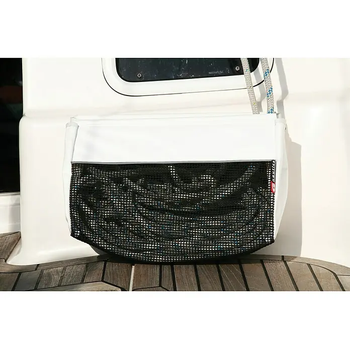 G-Nautics Leinentasche S - L x B x H: 18 x 30 x 20 cm, Weiß/Schwarz - Ein weißer Segelboot-Organizer mit Netzstofftasche, ideal zur Aufbewahrung von Segelutensilien und Kleinteilen an Bord. Praktisch und platzsparend.