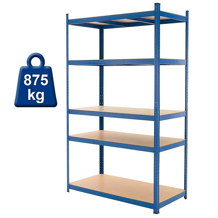 ECD Germany Schwerlastregal Regalsystem bis 875kg Werkstattregal Metall / MDF Blau - H x B x T: 200 x 100 x 50 cm, Traglast pro Boden: 175 kg, Anzahl Böden: 5 Stk., Stecken, Blau - Ein blaues Regal mit fünf Holzregalböden und einer Traglast von 875 kg. Das Regal ist stabil und bietet viel Stauraum.