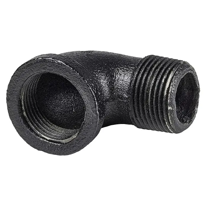 Dolle Pipe Conector de estante macho 90° - Curvado, ¾″ - Un accesorio de tubería negro en ángulo con roscas en ambos extremos, utilizado en fontanería.