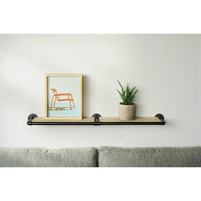 Dolle Pipe Tubo metálico - L x An: 200 x 2,5 cm, Negro - Un estante flotante con superficie de madera y soportes de tubo de metal negro, que muestra un cuadro enmarcado y una planta en maceta.
