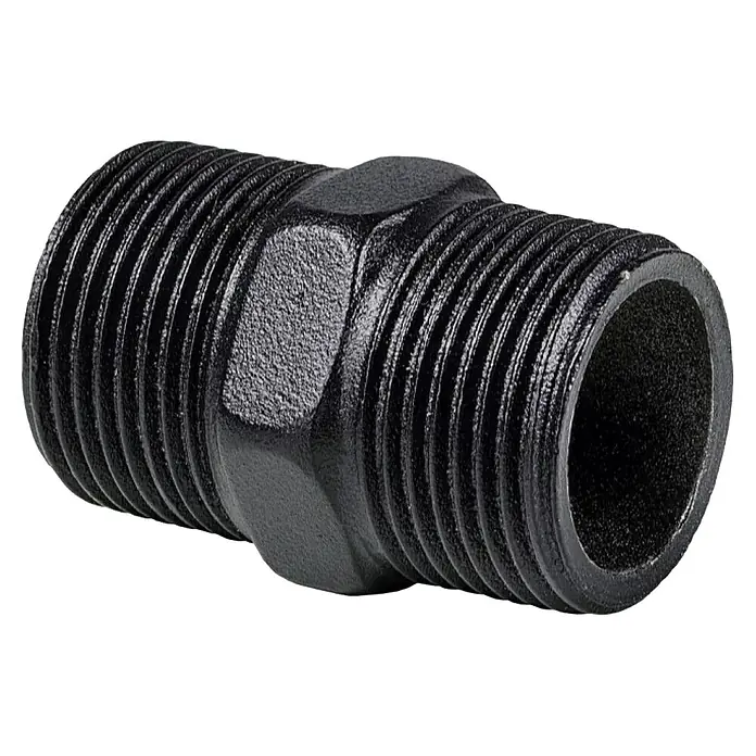 Dolle Pipe Conector de estante doble - ¾″, Hexagonal - Niple de tubo negro roscado. Ideal para fontanería y calefacción, resistente y fiable. Garantiza conexiones seguras en sistemas de tuberías.