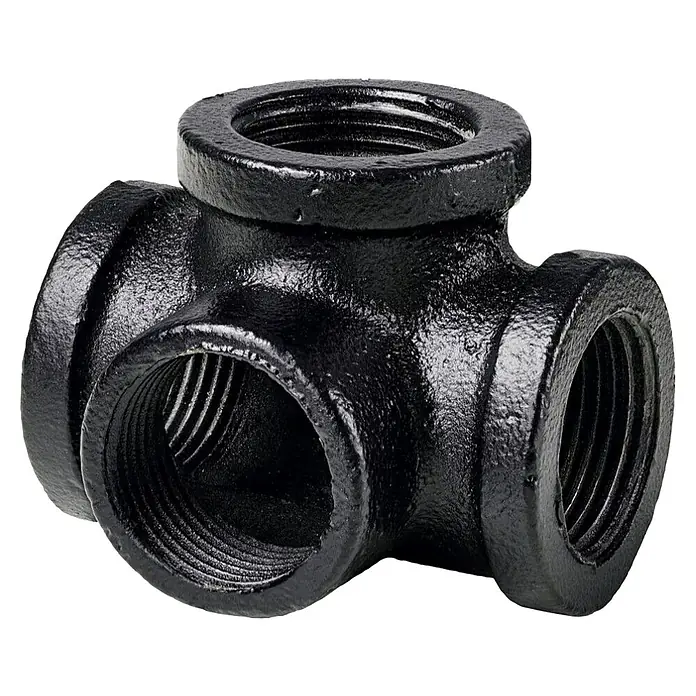 Dolle Pipe Conector de estante - ¾″, Número de conexiones: 4 ud. - T de hierro fundido negro con conexiones roscadas para la unión de tuberías, robusta y duradera para diversas aplicaciones industriales.