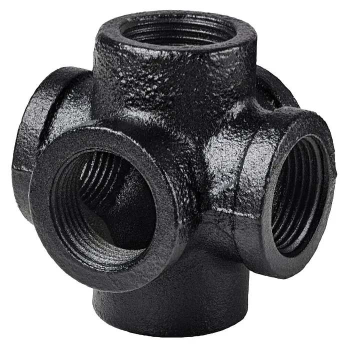 Dolle Pipe Conector de estante - ¾″, Número de conexiones: 6 ud. - Racor de cruz de hierro fundido negro con cuatro conexiones roscadas para sistemas de fontanería y calefacción. Construcción robusta y duradera.