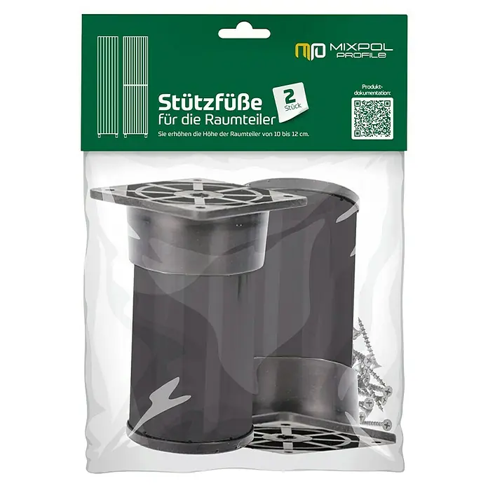 Mixpol Profile Stützfuß - Passend für: Mixpol Profile Raumteiler - Produktverpackung mit zwei schwarzen Stützfüßen für Raumteiler, erhöht die Höhe um 10-12 cm. Inklusive Schrauben zur Befestigung.