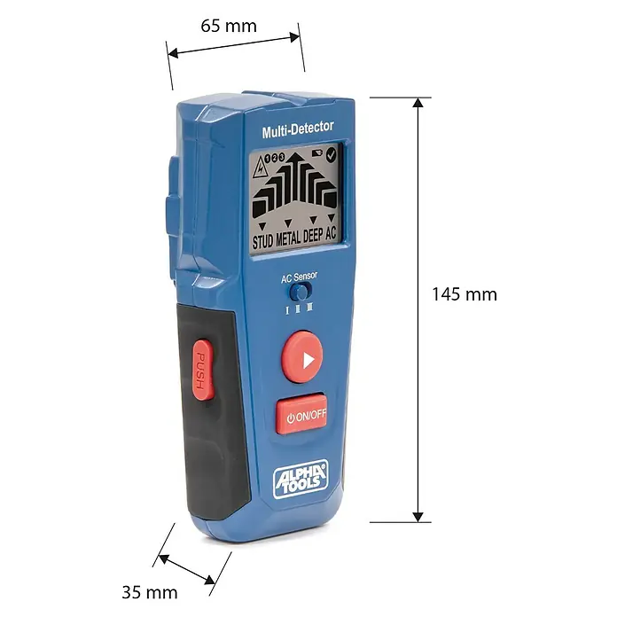 Alpha Tools Metall- & Holzsuchgerät Multi-Detektor - Betriebstemperatur: 0 °C - 40 °C - Abbildung eines blauen Multi-Detektors mit den Maßen 65 mm Breite, 35 mm Tiefe und 145 mm Höhe zur Wandsuche von Leitungen.