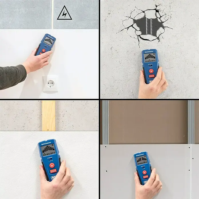 Alpha Tools Metall- & Holzsuchgerät Multi-Detektor - Betriebstemperatur: 0 °C - 40 °C - Das Bild zeigt ein Multi-Detektor Werkzeug, das zum Auffinden von Objekten in Wänden verwendet wird.
