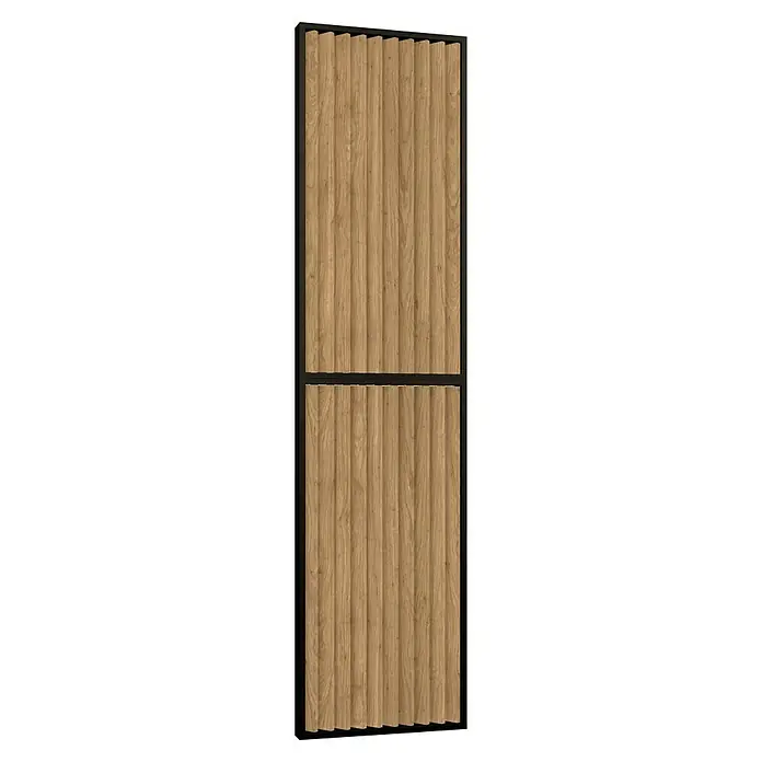 Mixpol Profile Raumteiler Vario Saragossa/SW - 63,4 x 250 cm, Natur/Schwarz - Ein Paneel mit vertikalen Holzleisten in einem dunklen Rahmen. Die Holzmaserung und Textur des Paneels sind deutlich sichtbar.