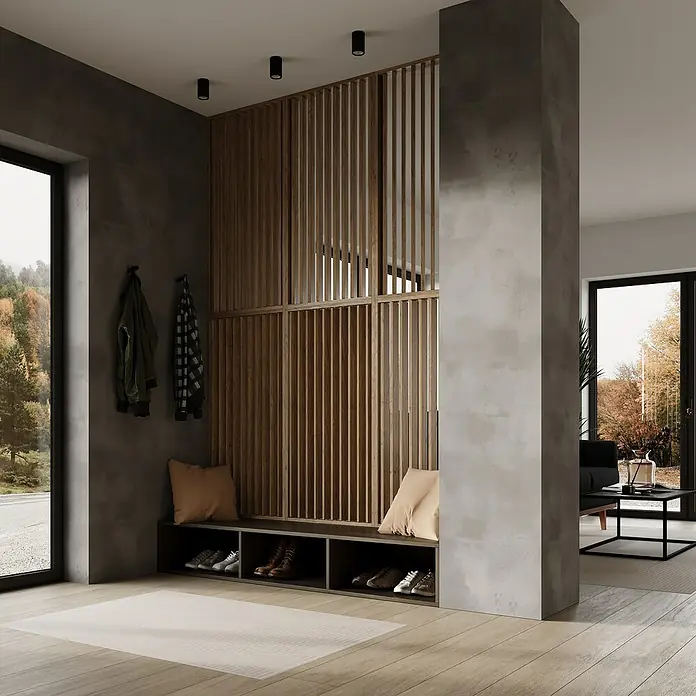 Mixpol Profile Raumteiler Vario Saragossa - 63,4 x 250 cm, Natur - Elegantes Interieur mit Garderobe, Holzpaneelen und Sitzbank mit Schuhablage. Die Beleuchtung setzt stilvolle Akzente im Raum.