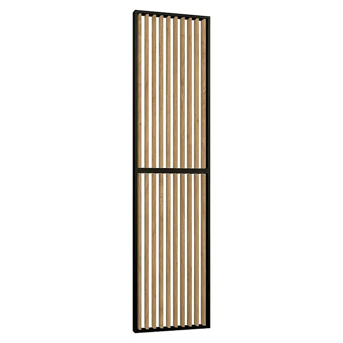 Mixpol Profile Raumteiler Vario Saragossa/SW - 63,4 x 250 cm, Natur/Schwarz - Holzpaneel mit vertikalen Lamellen in einem schwarzen Rahmen. Das Paneel ist in zwei Abschnitte unterteilt und bietet einen natürlichen Look.