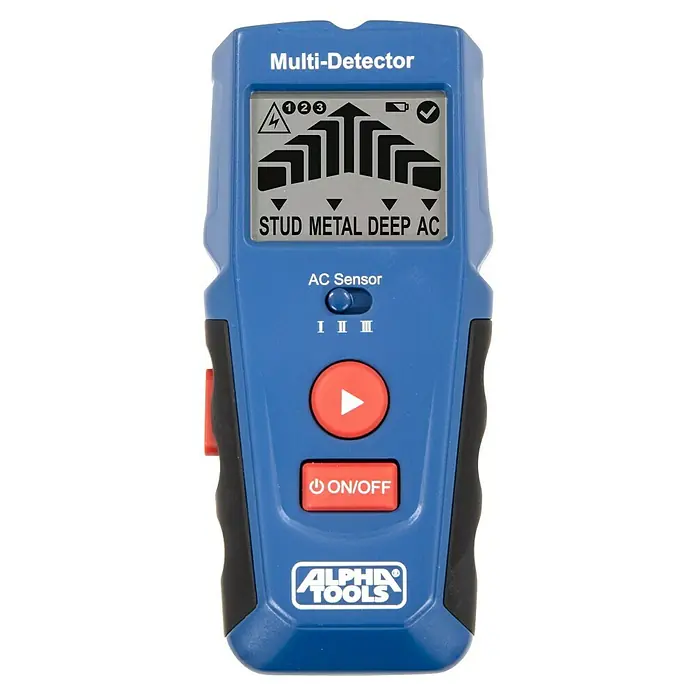 Alpha Tools Metall- & Holzsuchgerät Multi-Detektor - Betriebstemperatur: 0 °C - 40 °C - Das Bild zeigt einen blauen Alpha Tools Multi-Detektor, der zum Auffinden von Holz, Metall und stromführenden Leitungen in Wänden verwendet wird.