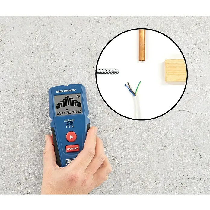 Alpha Tools Metall- & Holzsuchgerät Multi-Detektor - Betriebstemperatur: 0 °C - 40 °C - Ein Multifunktionsdetektor in der Hand, der Stud, Metall, Tiefe und Wechselstrom erkennen kann, ideal für Bau und Heimwerker.