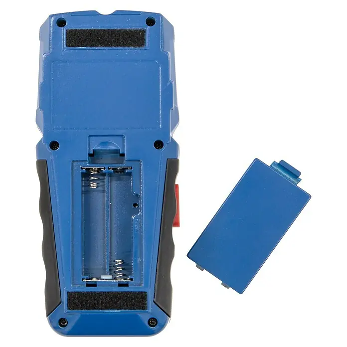 Alpha Tools Metall- & Holzsuchgerät Multi-Detektor - Betriebstemperatur: 0 °C - 40 °C - Das Bild zeigt die Rückseite eines blauen elektronischen Geräts mit offenem Batteriefach und einem separaten Batteriedeckel.