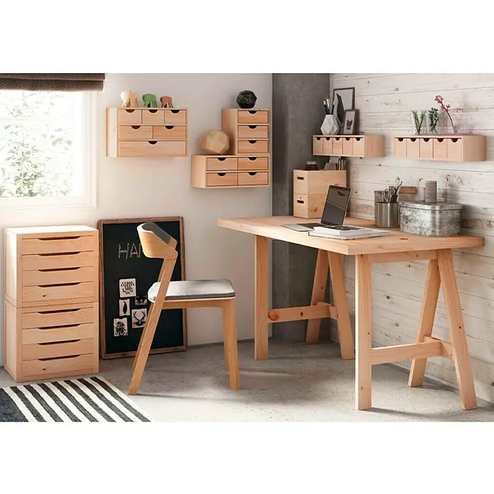 Astigarraga Caballete de madera Glam - Peso máximo admitido: 400 kg, Altura: 74 cm, Pino, Natural - Habitación con escritorio y estanterías de pino para un espacio de trabajo natural y elegante con amplio almacenamiento.