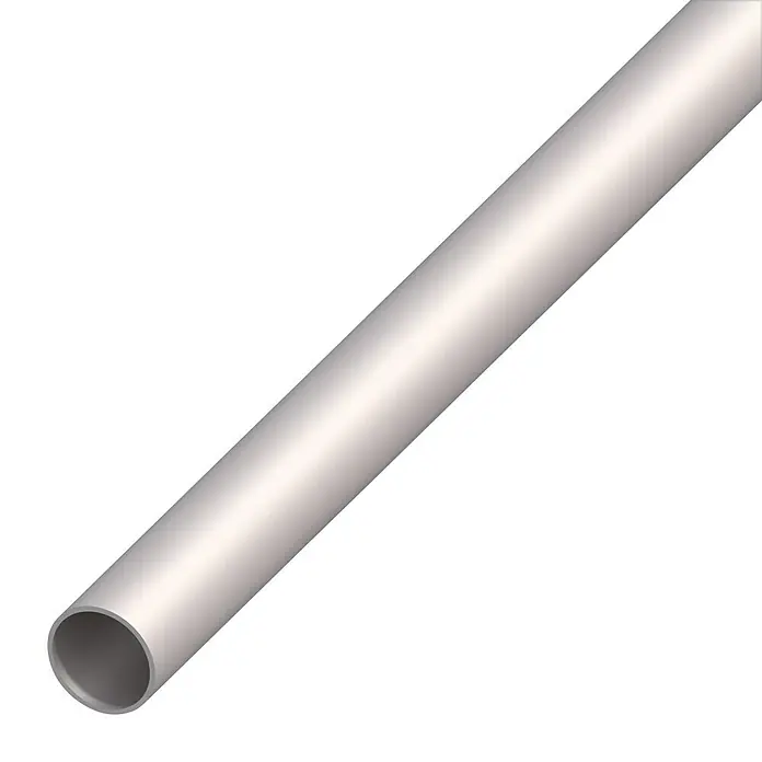 Kantoflex Rundrohr - Ø x L: 12 x 2.000 mm, Stärke: 1 mm, Stahl - Silbernes Metallrohr, das diagonal auf einem weißen Hintergrund liegt. Ideal für Bau- und Sanitäranwendungen, robust und langlebig.