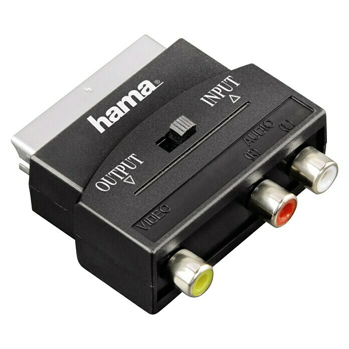 Hama Videoadapter1 x Scart-Stecker, 3 x Cinch-Kupplung, IN/OUT-Schalter Front View