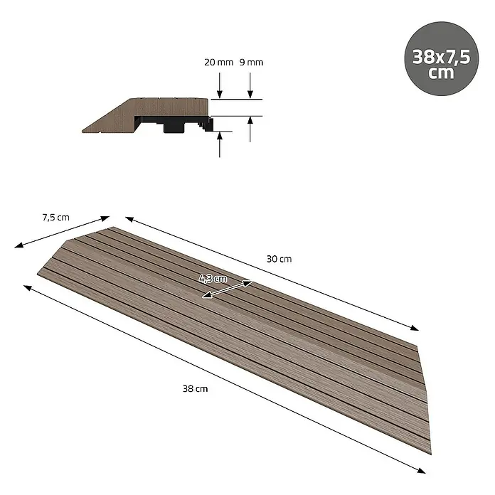 ML-Design Terrassenfliese - 7,5 cm x 38 cm x 20 mm, Dunkelbraun - Bild einer Terrassendiele mit den Maßen 38x7,5 cm, inklusive Profilansicht und Maßangaben.