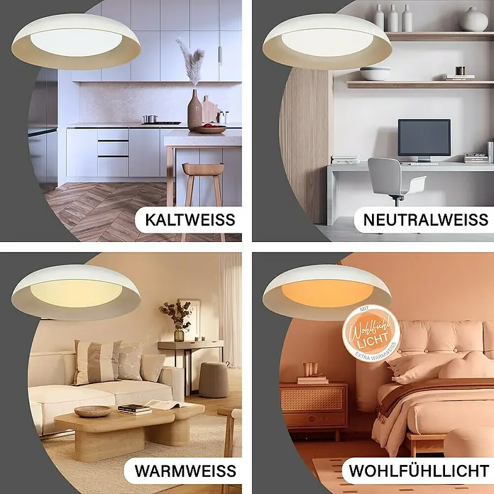 MegaLight LED-Deckenleuchte rund Bowl - 24 W, Ø x H: 49 x 9,5 cm, Weiß/ Cappuccino, Warmweiß - Vergleich verschiedener Lichtfarben einer modernen LED-Deckenleuchte in Weiß, dargestellt in verschiedenen Wohnräumen für optimale Atmosphäre.