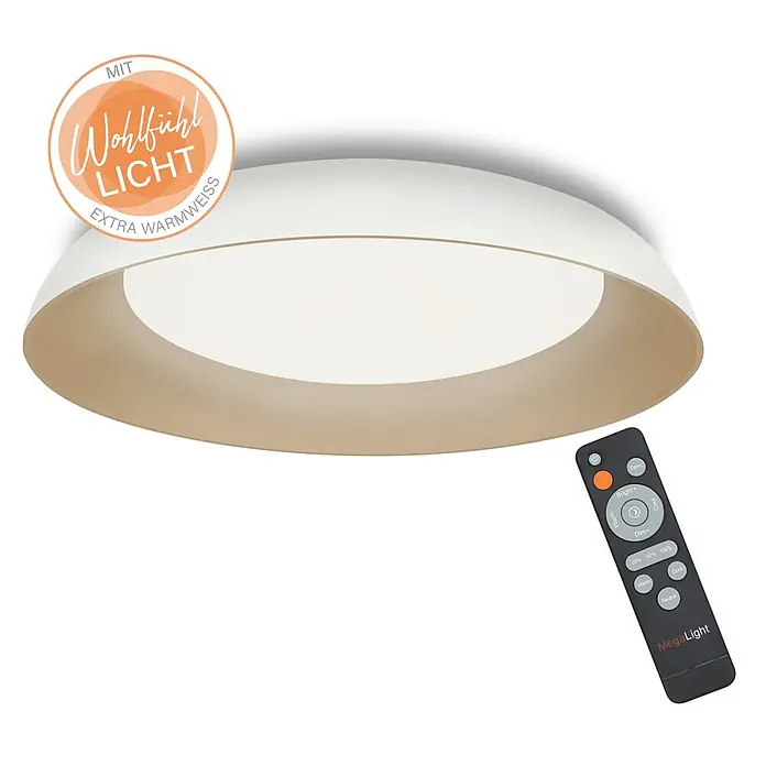 MegaLight LED-Deckenleuchte rund Bowl - 24 W, Ø x H: 49 x 9,5 cm, Weiß/ Cappuccino, Warmweiß - Nahaufnahme einer modernen, weißen LED-Deckenleuchte mit Fernbedienung, die eine gemütliche, warmweiße Beleuchtung verspricht.