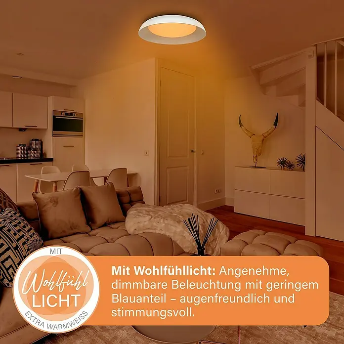 MegaLight LED-Deckenleuchte rund Bowl - 24 W, Ø x H: 49 x 9,5 cm, Weiß/ Cappuccino, Warmweiß - Eine runde Deckenleuchte in Weiß und Orange sorgt für angenehmes, dimmbares Wohlfühllicht.