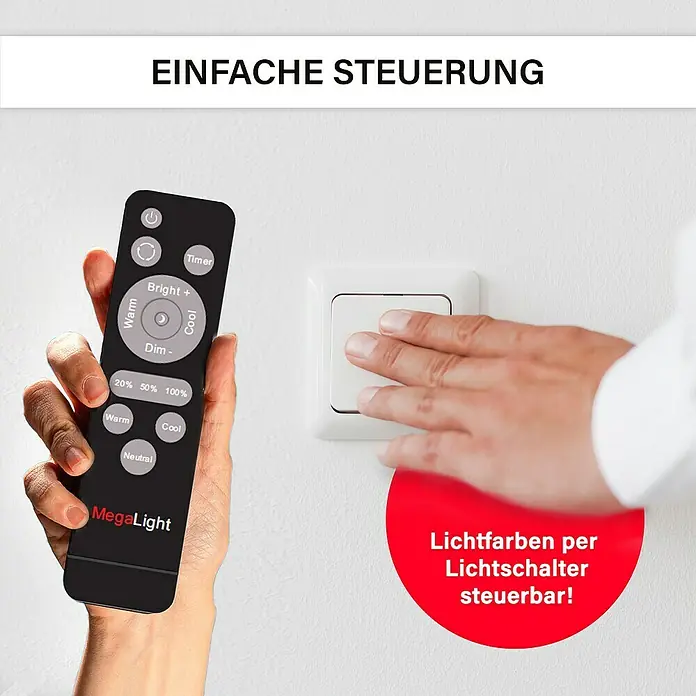 MegaLight LED-Deckenleuchte rund Bowl - 24 W, Ø x H: 40 x 9,5 cm, Wood, Warmweiß - Nahaufnahme einer Hand, die eine MegaLight-Fernbedienung hält, mit der Aufschrift "Einfache Steuerung" im Hintergrund.