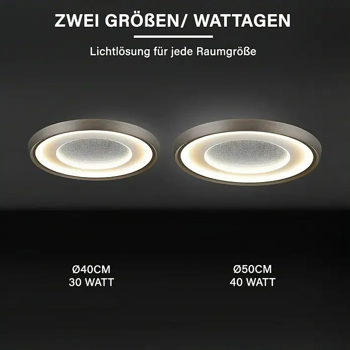 MegaLight Deckenleuchte Shining Olymp - 30 W, Ø x H: 40 x 6,5 cm, Weiß, Aluminium - Bild von zwei Deckenleuchten in verschiedenen Größen und Wattagen. Lichtlösung für jede Raumgröße.