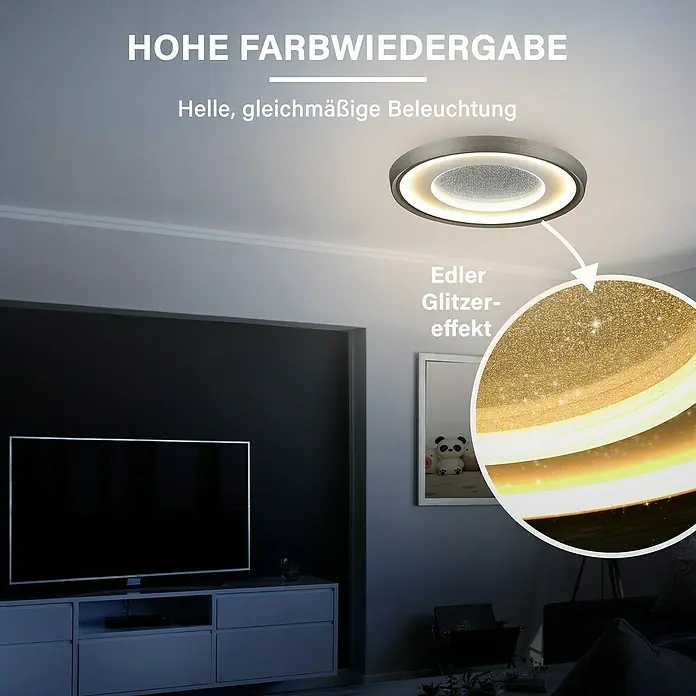MegaLight Deckenleuchte Shining Olymp - 30 W, Ø x H: 40 x 6,5 cm, Weiß, Aluminium - Moderne Deckenleuchte mit edlem Glitzereffekt für hohe Farbwiedergabe und helle, gleichmäßige Beleuchtung im Raum.