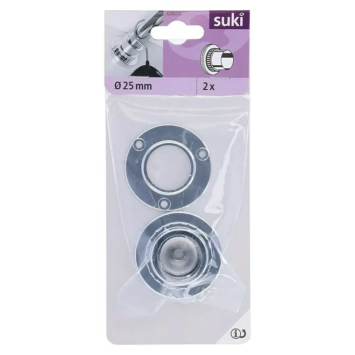 Schrankrohrlager - Kunststoff, Länge: 25 mm - Eine Packung mit zwei Suki Rosetten in Silber mit einem Durchmesser von 25mm, verpackt in einer durchsichtigen Plastikverpackung.