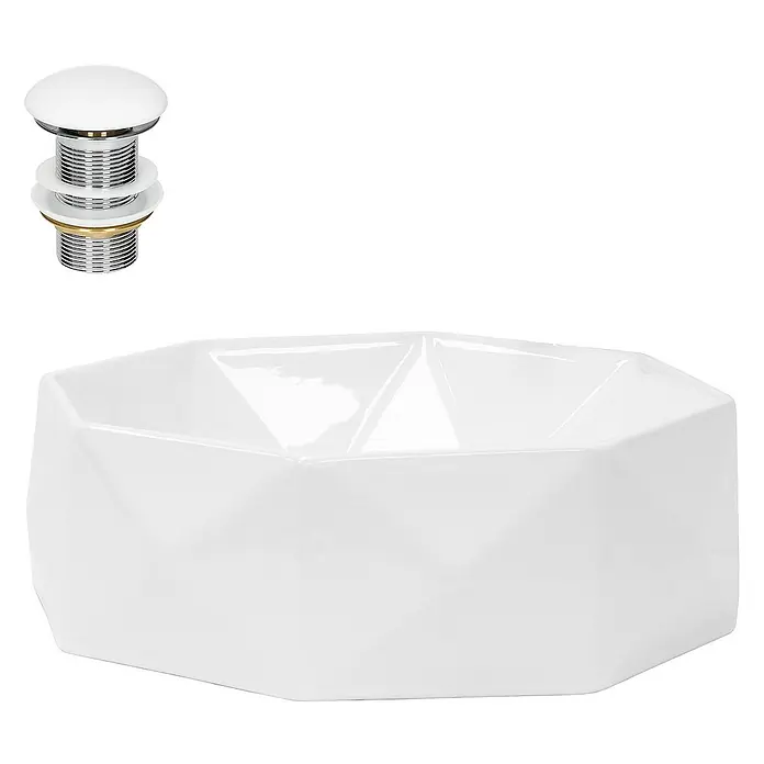 LuxeBath Aufsatzwaschbecken Handwaschbecken inkl. Ablaufgarnitur ohne Überlauf für Gäste-WC - Ohne Spezialglasur, Weiß - Ein weißes Keramikwaschbecken mit modernem Design und einem verchromten Ablaufventil für Badezimmer oder Gästetoilette.