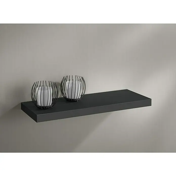Dolle Estante flotante Deco - L x An x Al: 23,5 x 115 x 3,8 cm, Negro, Carga soportada: 12 kg - Elegante estante de pared oscuro con dos portavelas decorativos. Diseño sencillo para toques elegantes en cualquier habitación.